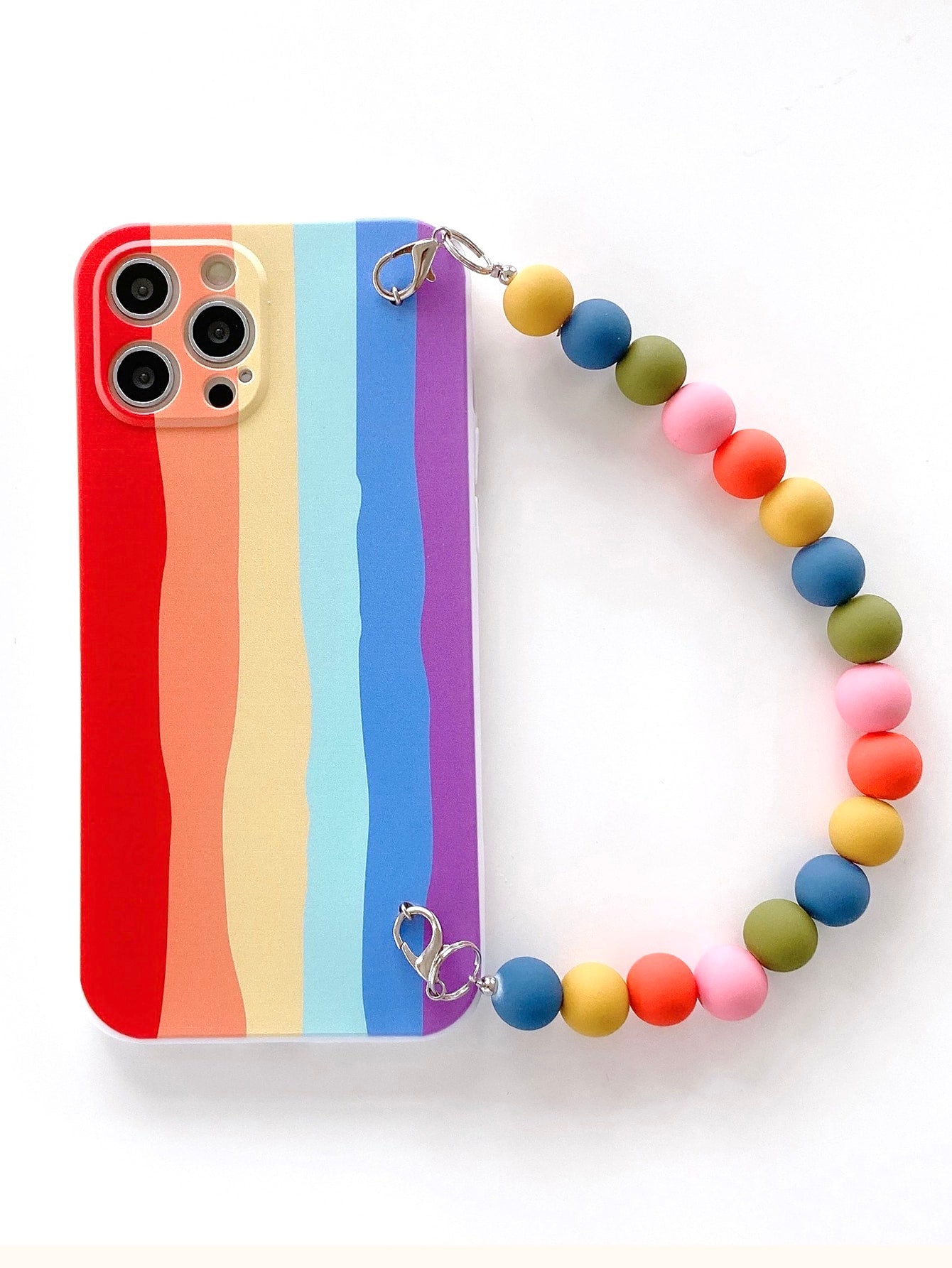 حافظة هاتف مخططة بألوان قوس قزح مع حزام يد ملون مطرز