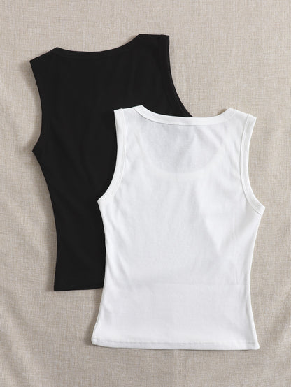 لباس علوي تانك موحدة اللون محبوك مضلع 2 قطع
