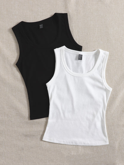 لباس علوي تانك موحدة اللون محبوك مضلع 2 قطع