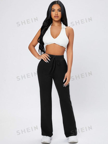 سروال رياضي أسود بخصر ذو رباط جذاب