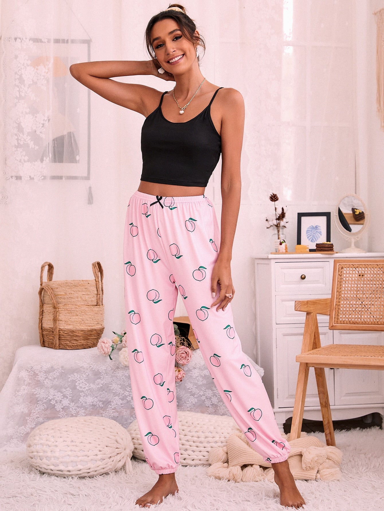 موحدة اللون صدرية كامي و طباعة الخوخ بنطلون طقم بيجامة