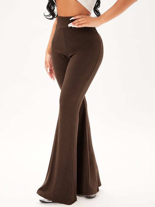 بناطيل بساق واسع موحدة اللون محبوك مضلع