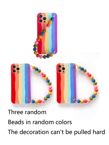 حافظة هاتف مخططة بألوان قوس قزح مع حزام يد ملون مطرز