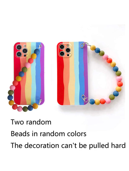 حافظة هاتف مخططة بألوان قوس قزح مع حزام يد ملون مطرز