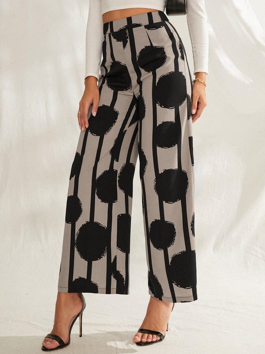 بنطلون بساق واسع مخطط و بطباعة منقط