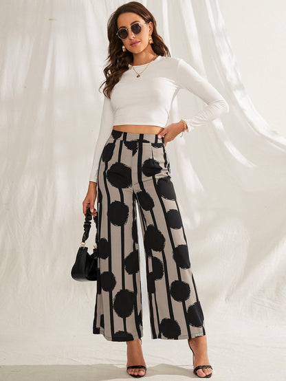 بنطلون بساق واسع مخطط و بطباعة منقط