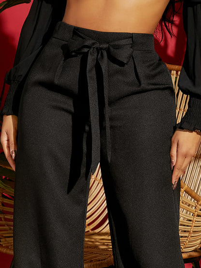 بنطلون أسود صيفي ساق واسعة بخصر كبير رباط