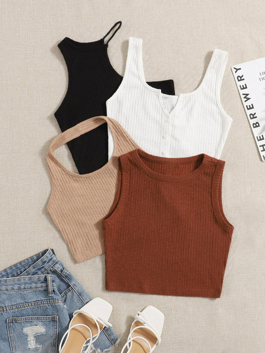 توب قصير سادة بحياكة مضلعة - 4 قطع