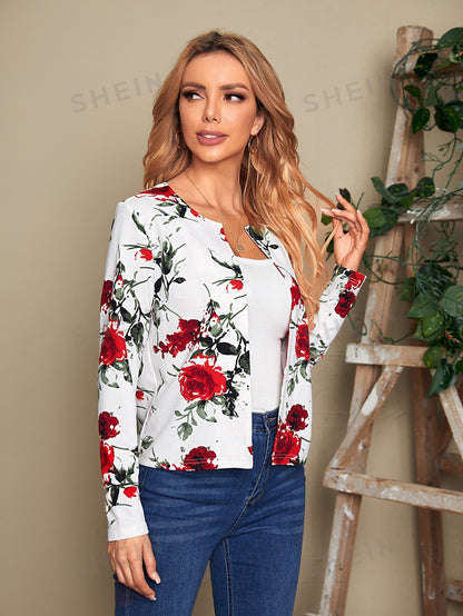 جاكيت طباعة الأزهار مفتوح امامي