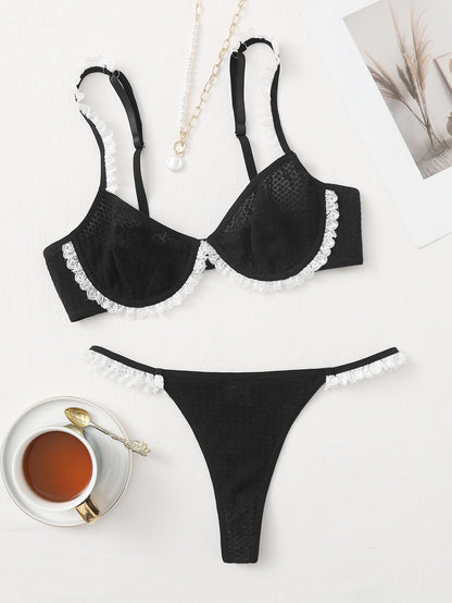 مجموعة ملابس داخلية ثونغ وحمالة الصدر ذات الأسلاك والدانتيل المتباين