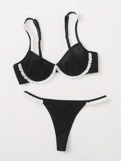 مجموعة ملابس داخلية ثونغ وحمالة الصدر ذات الأسلاك والدانتيل المتباين