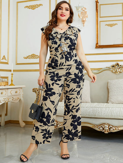 مقاس كبير جمبسوت طباعة الأزهار مقلم بكشكش