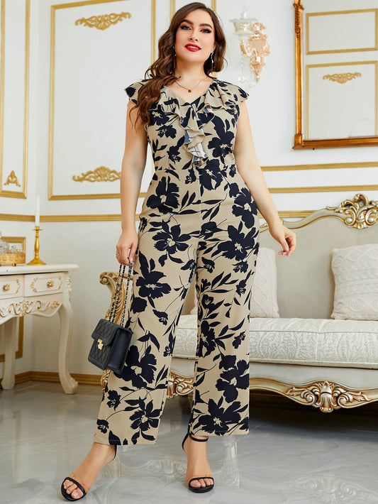 مقاس كبير جمبسوت طباعة الأزهار مقلم بكشكش