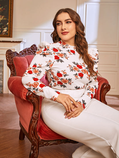 مقاس كبير لباس علوي طباعة الأزهار ياقة مستديرة اكمام شكل ساق الضأن