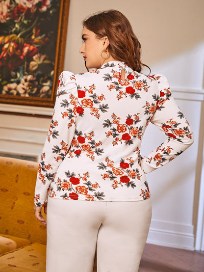 مقاس كبير لباس علوي طباعة الأزهار ياقة مستديرة اكمام شكل ساق الضأن