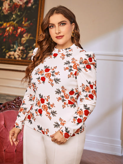 مقاس كبير لباس علوي طباعة الأزهار ياقة مستديرة اكمام شكل ساق الضأن