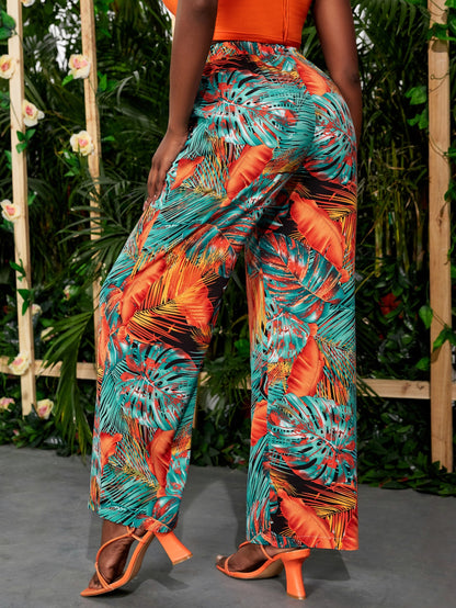 بنطلون بساق واسع خصر عالي بطباعة استوائية