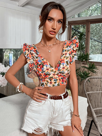 بلوزة قصيرة بطباعة زهر شامل مكشوف الظهر بربطة اكمام مكشكش