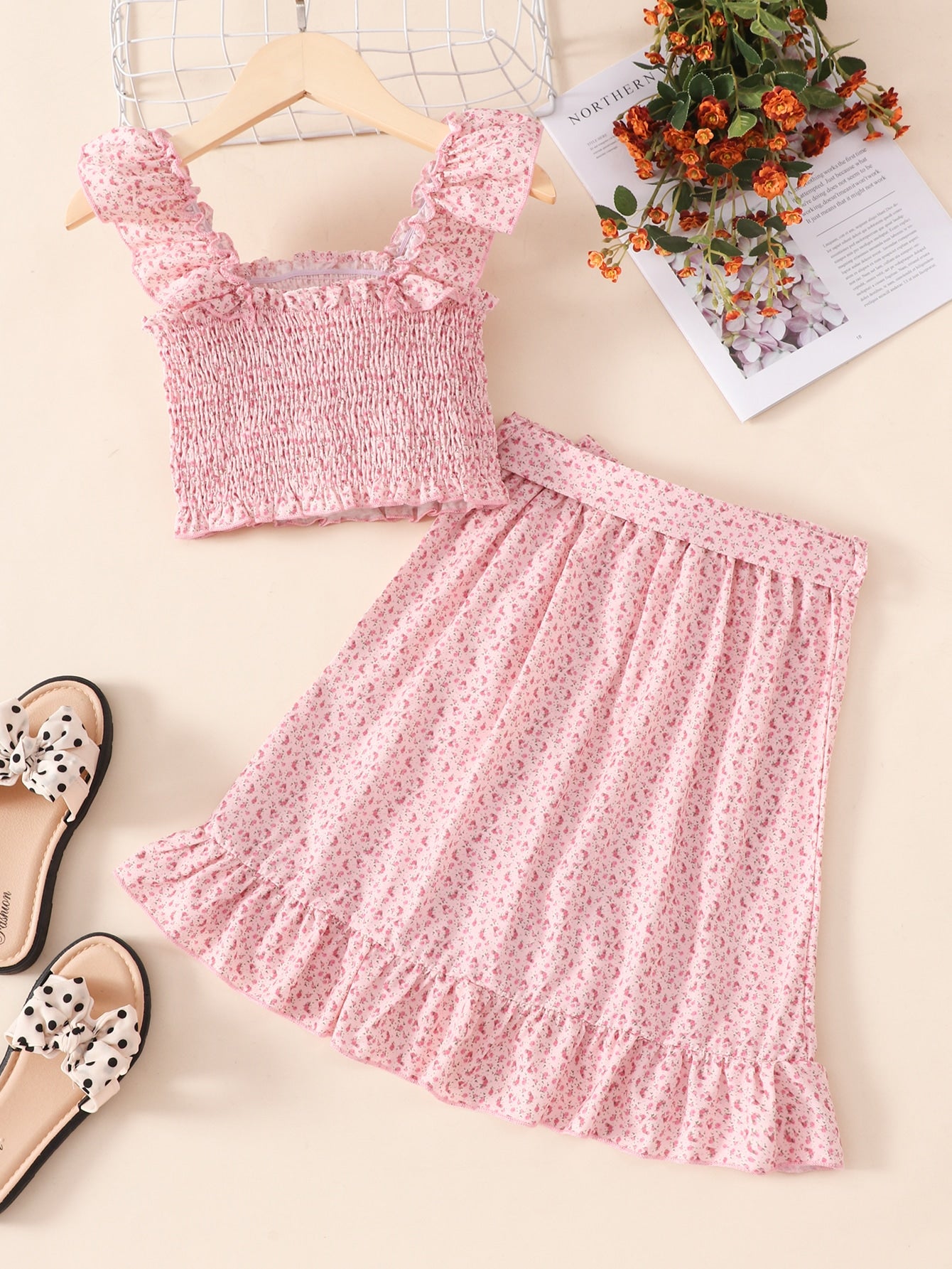 بنات زهر ديزي صدرية كامي مكشكش مع حزام تنورة ملفوفة