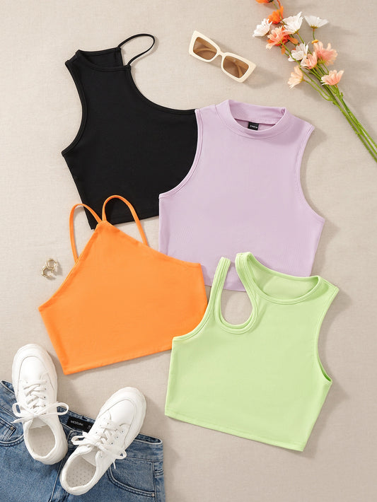 تانك توب بقص مجوف وياقة غير متماثلة وحياكة مضلعة - 4 قطع