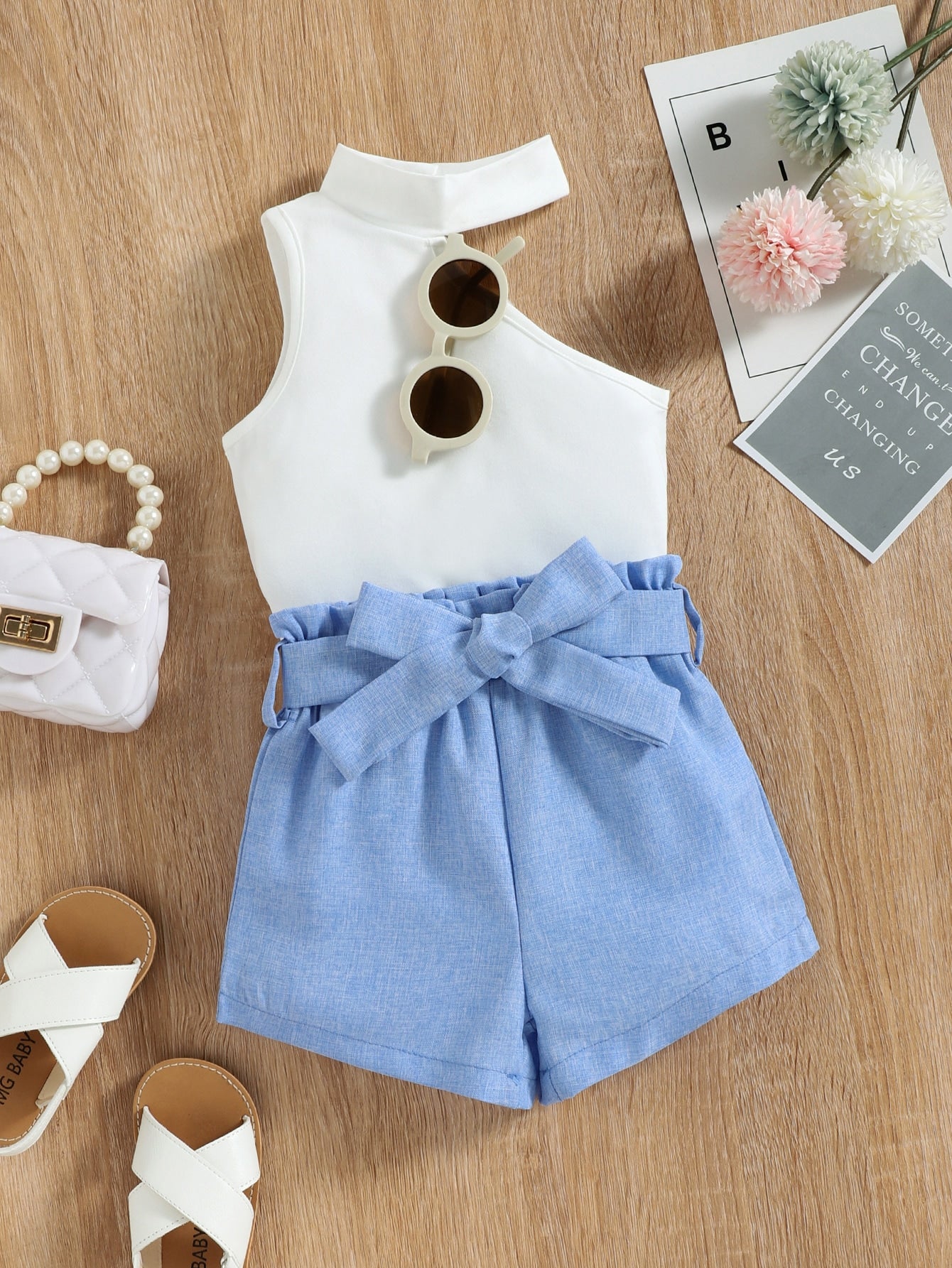 لباس علوي تانك بنت طفل ياقة غير متماثل & خصر عالي بالتجاعيد شورت بحزام