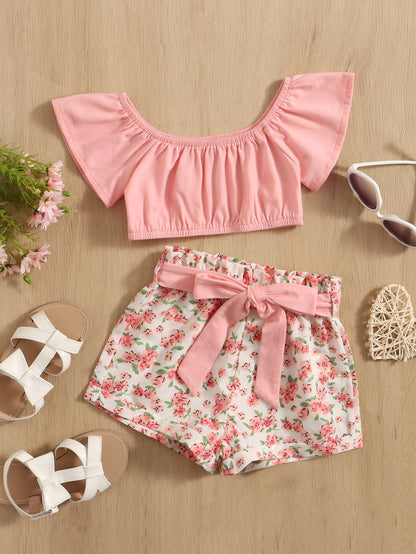 للاطفال اكمام فراشة لباس علوي مع طباعة الأزهار شورت بحزام