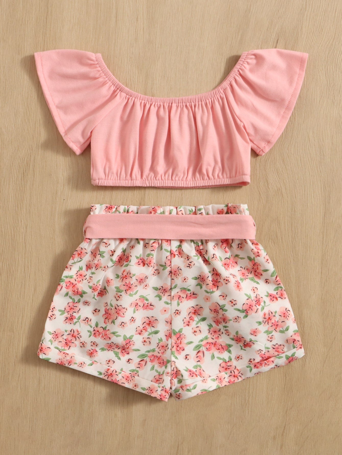للاطفال اكمام فراشة لباس علوي مع طباعة الأزهار شورت بحزام