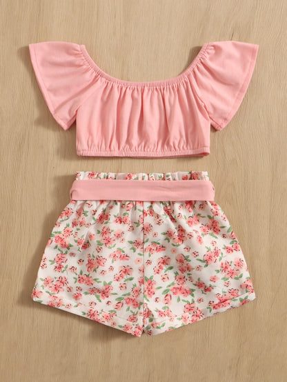 للاطفال اكمام فراشة لباس علوي مع طباعة الأزهار شورت بحزام