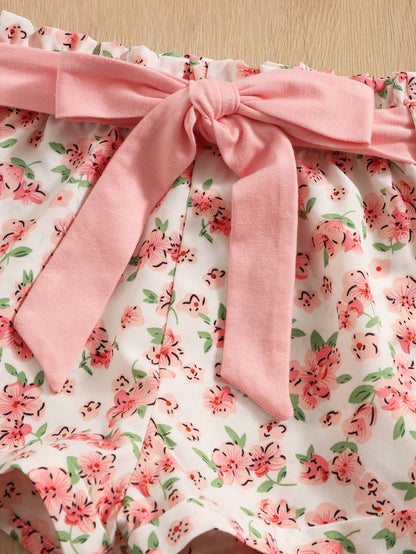 للاطفال اكمام فراشة لباس علوي مع طباعة الأزهار شورت بحزام