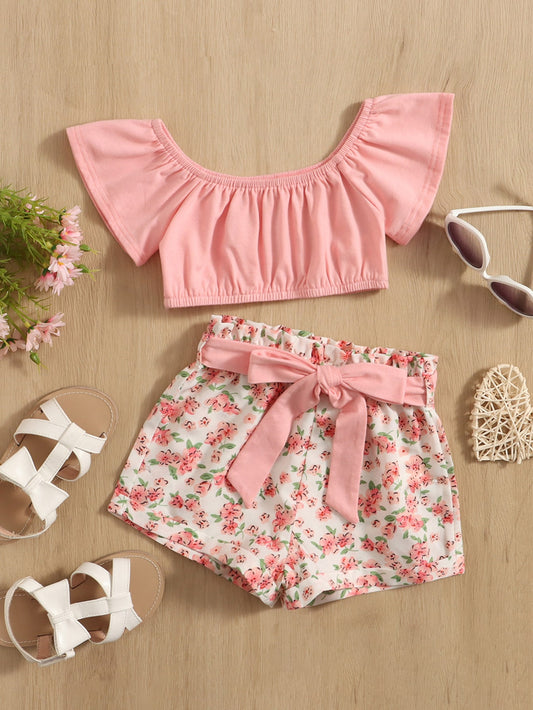 للاطفال اكمام فراشة لباس علوي مع طباعة الأزهار شورت بحزام