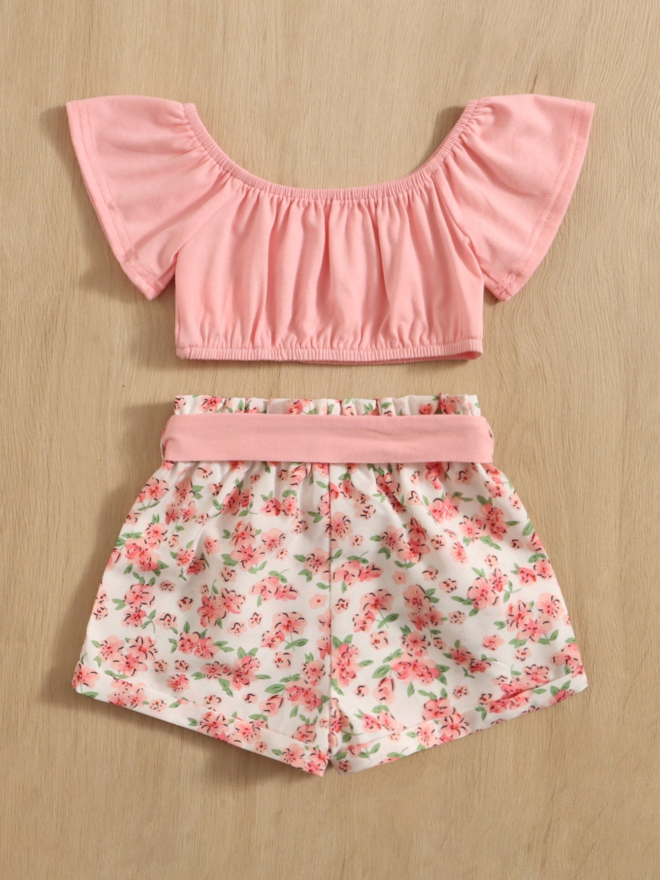 للاطفال اكمام فراشة لباس علوي مع طباعة الأزهار شورت بحزام