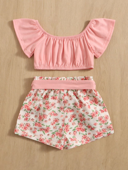 للاطفال اكمام فراشة لباس علوي مع طباعة الأزهار شورت بحزام
