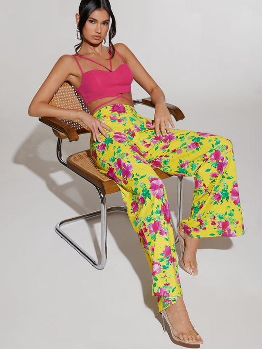 بنطلون بساق واسع طباعة الأزهار