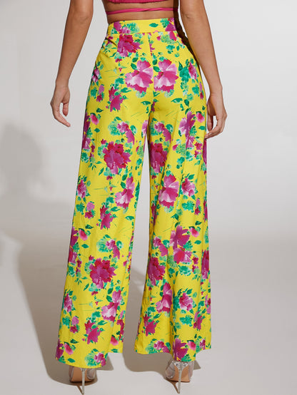 بنطلون بساق واسع طباعة الأزهار