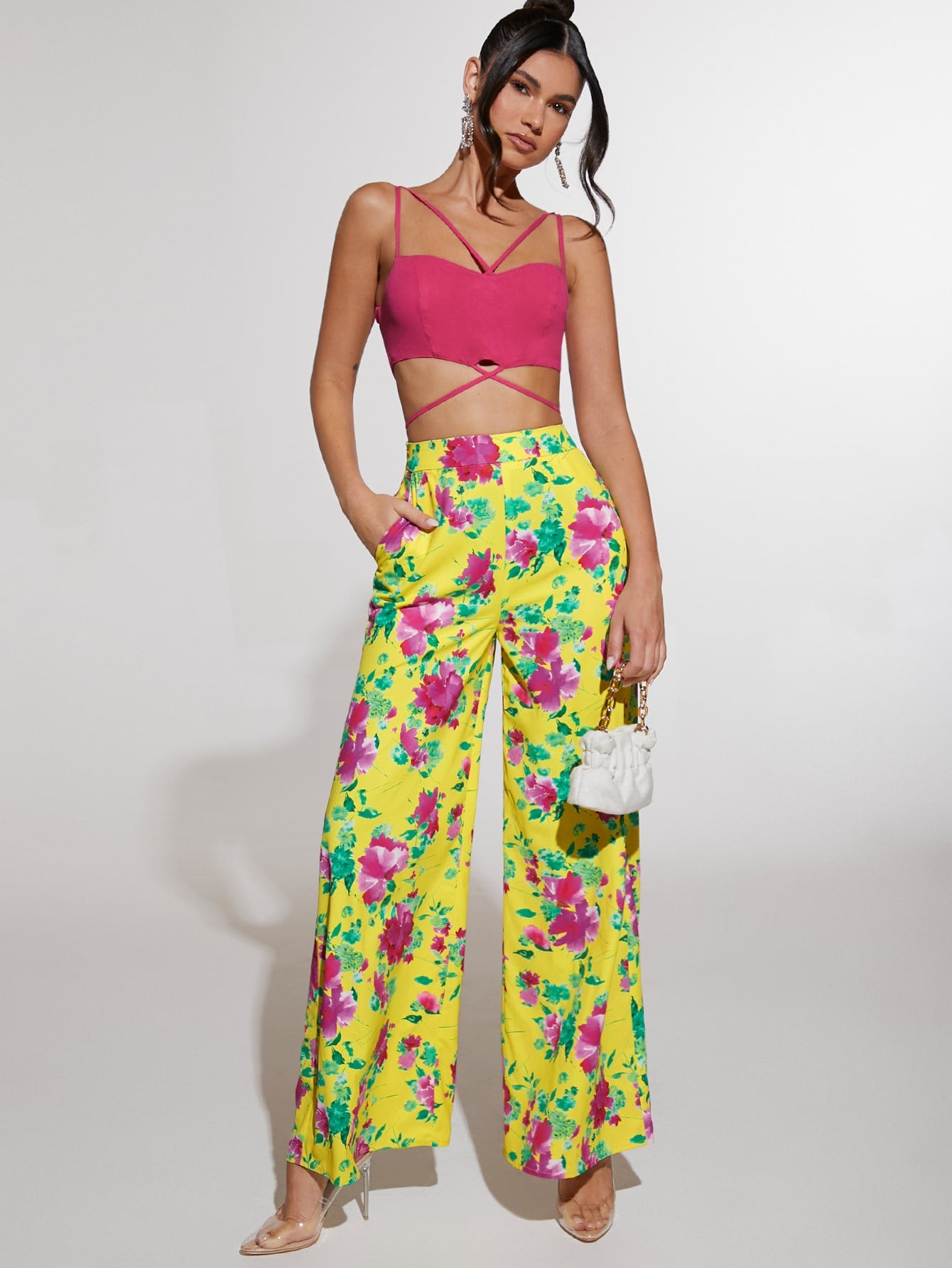 بنطلون بساق واسع طباعة الأزهار