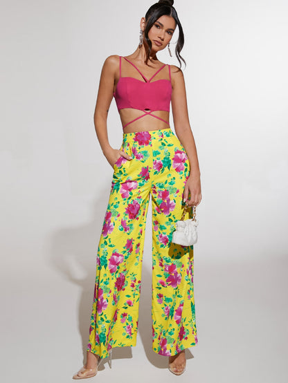 بنطلون بساق واسع طباعة الأزهار