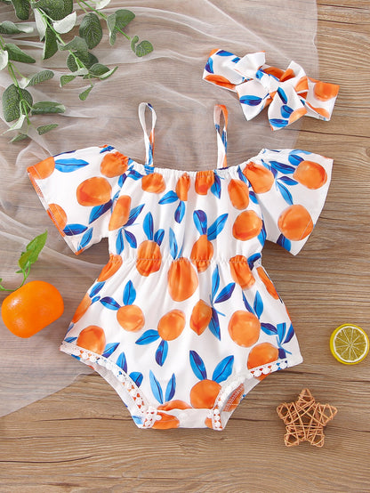 بادي مع خط الرقبة الباردة مع ربطات الأكتاف، وربطة الشعر للبنات الرضع بطباعة الفاكهة وربطات الدانتيل