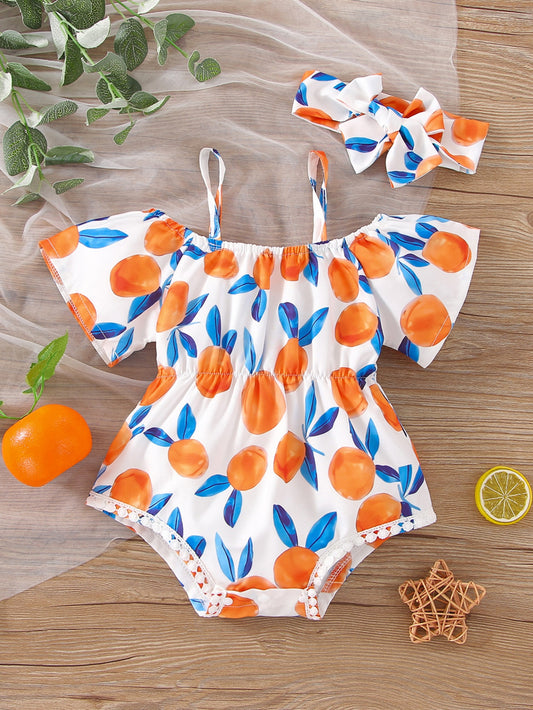 بادي مع خط الرقبة الباردة مع ربطات الأكتاف، وربطة الشعر للبنات الرضع بطباعة الفاكهة وربطات الدانتيل