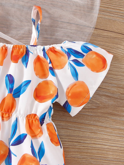 بادي مع خط الرقبة الباردة مع ربطات الأكتاف، وربطة الشعر للبنات الرضع بطباعة الفاكهة وربطات الدانتيل