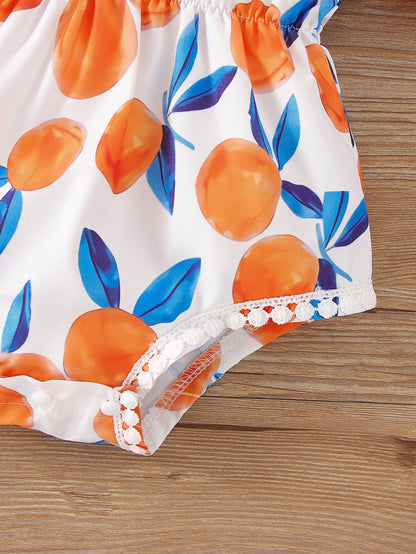 بادي مع خط الرقبة الباردة مع ربطات الأكتاف، وربطة الشعر للبنات الرضع بطباعة الفاكهة وربطات الدانتيل