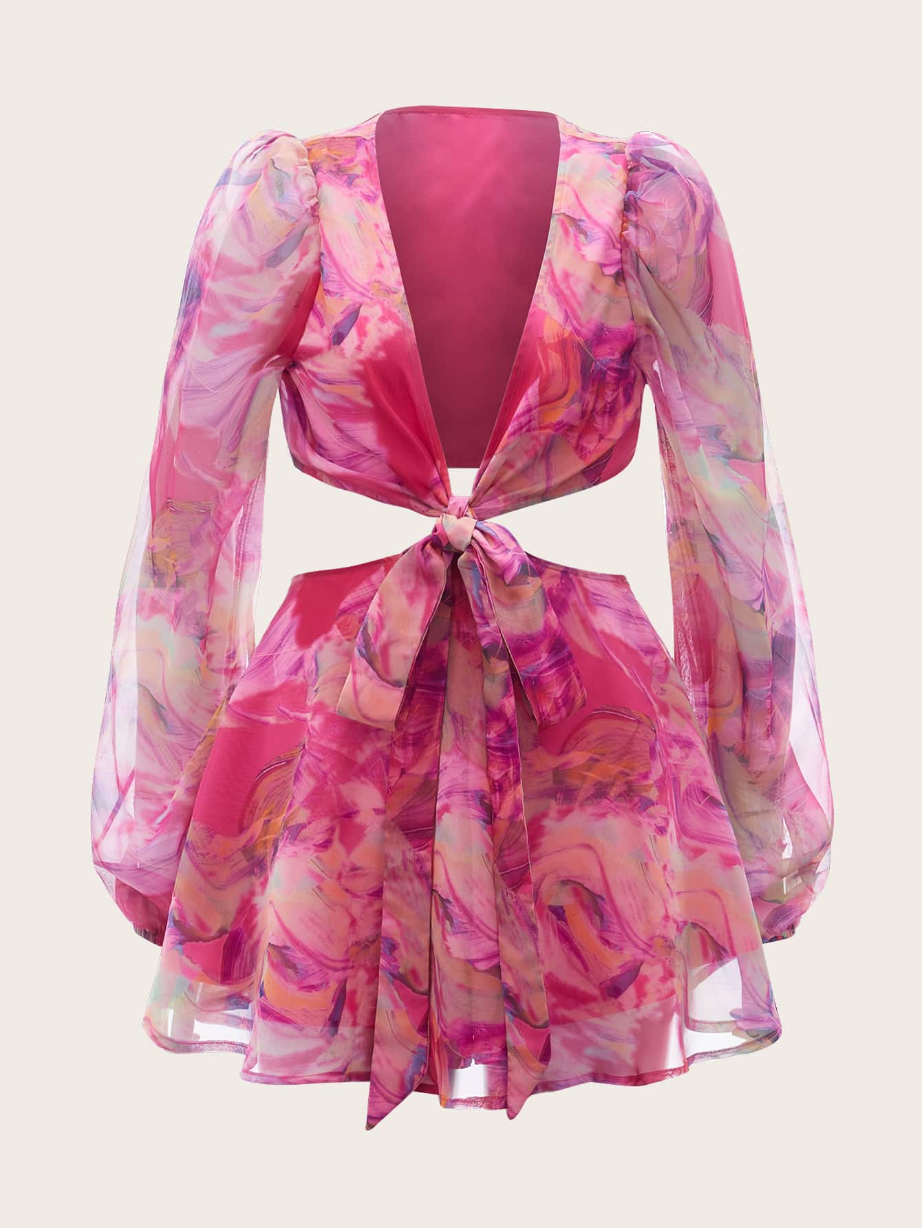 رامبر بطبعات ورود واسع الأكمام مع رباط عنق على شكل V وفتحة قص على الخصر وهو تصميم صيفي من قماش الشيفون باللون الأحمر المناسب للشاطئ