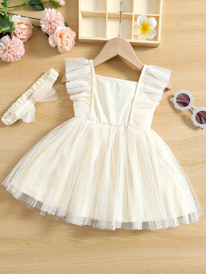 فستان شبكة متباينة مقلم بكشكش ياقة مربع مع عقال الرأس للاطفال