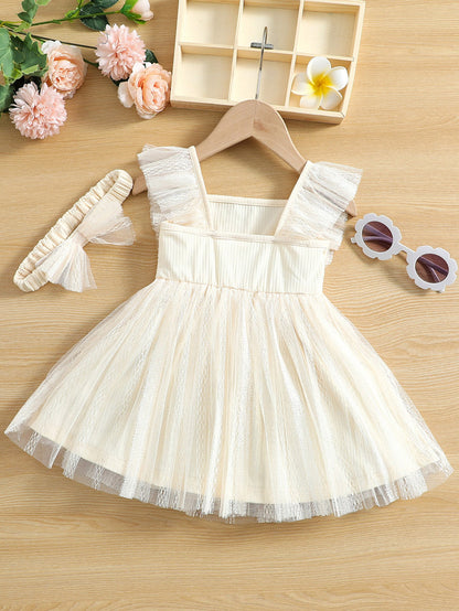 فستان شبكة متباينة مقلم بكشكش ياقة مربع مع عقال الرأس للاطفال