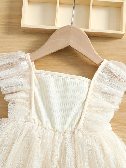 فستان شبكة متباينة مقلم بكشكش ياقة مربع مع عقال الرأس للاطفال