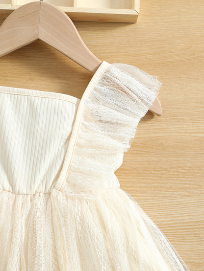 فستان شبكة متباينة مقلم بكشكش ياقة مربع مع عقال الرأس للاطفال