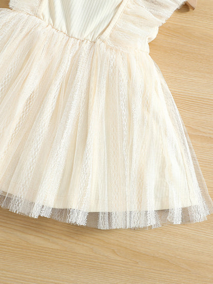 فستان شبكة متباينة مقلم بكشكش ياقة مربع مع عقال الرأس للاطفال