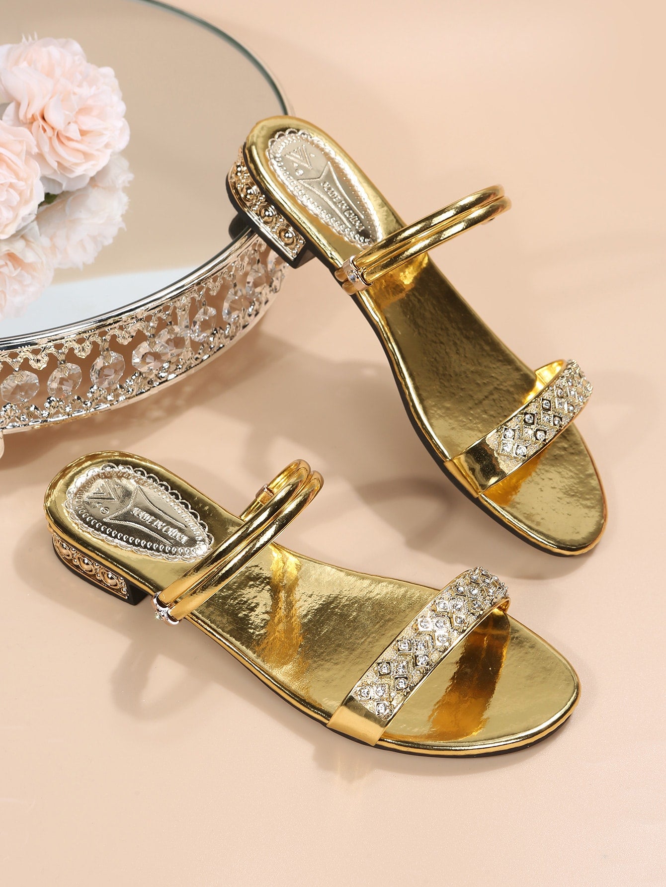 النساء الصنادل مفتوح الوراء حجر الراين ديكور متعدد الاتجاهات ارتداء ، براقة جزء الكاحل حزام الصنادل