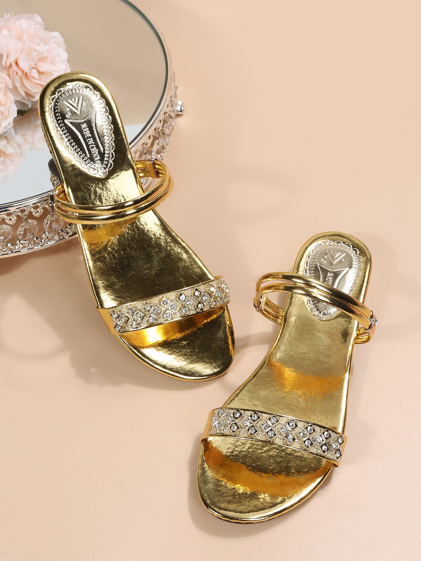 النساء الصنادل مفتوح الوراء حجر الراين ديكور متعدد الاتجاهات ارتداء ، براقة جزء الكاحل حزام الصنادل