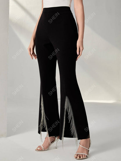 بنطلون بساق واسع شراشيب بحافة شق