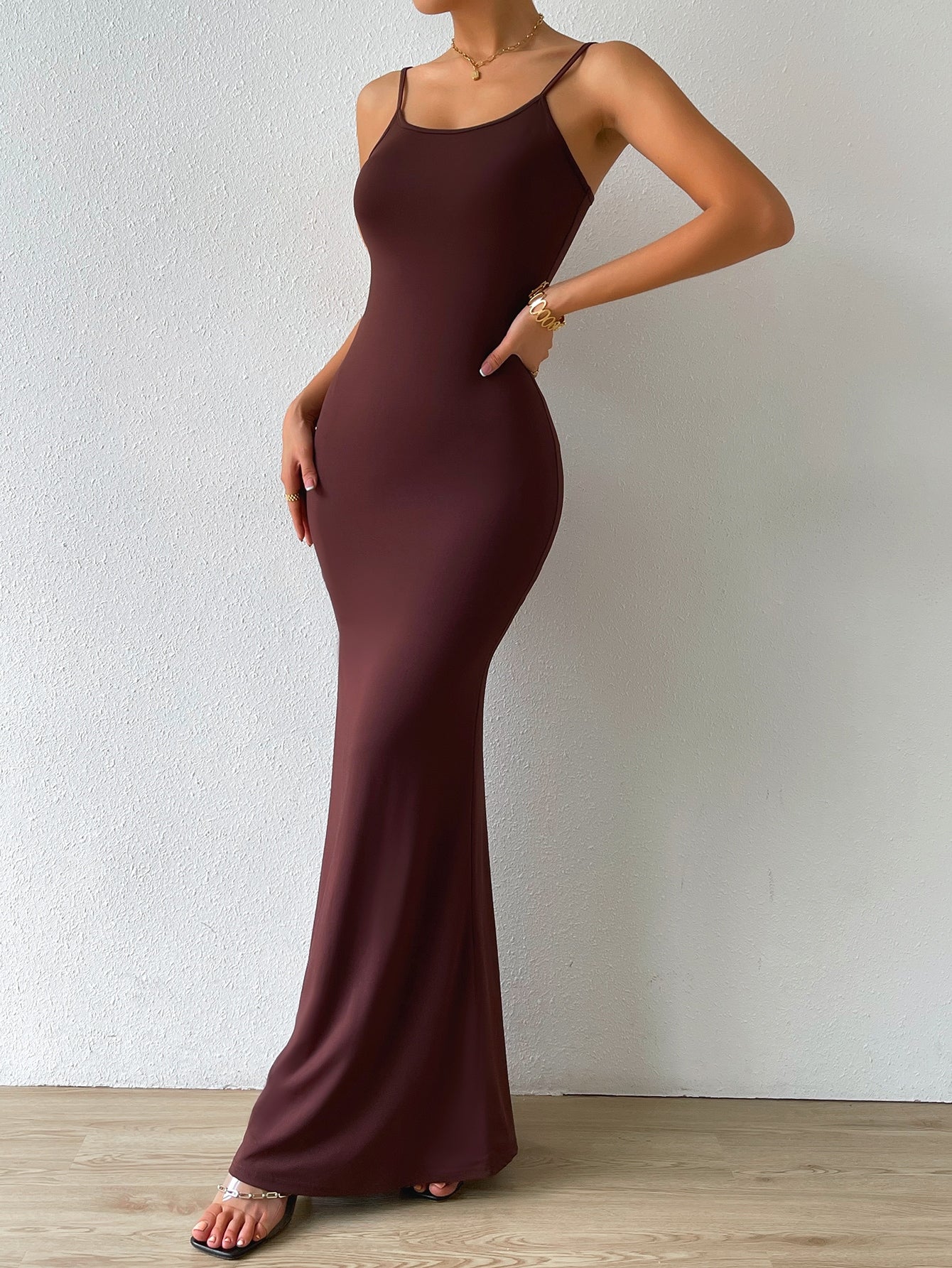 فستان كامي موحدة اللون حافة حورية البحر